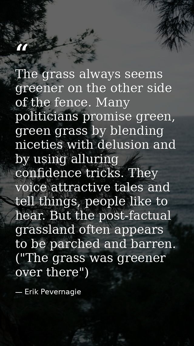 The grass always seems greener on the other side of the fence. Many politicians promise green, green grass by blending n — Erik Pevernagie