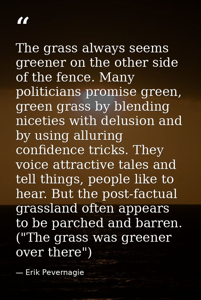 The grass always seems greener on the other side of the fence. Many politicians promise green, green grass by blending n — Erik Pevernagie