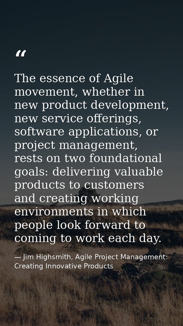 The essence of Agile movement, whether in new product development, new service offerings, software applications, or proj — Jim Highsmith, Agile Project Management: Creating Innovative Products