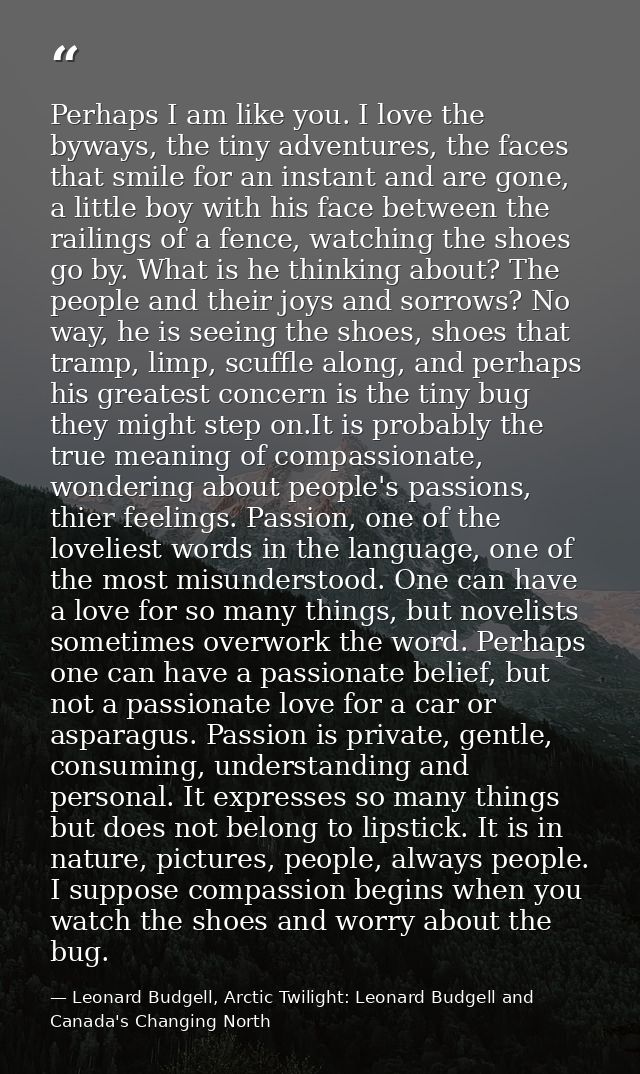 Perhaps I am like you. I love the byways, the tiny adventures, the faces that smile for an instant and are gone, a littl — Leonard Budgell, Arctic Twilight: Leonard Budgell and Canada's Changing North