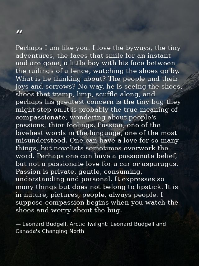 Perhaps I am like you. I love the byways, the tiny adventures, the faces that smile for an instant and are gone, a littl — Leonard Budgell, Arctic Twilight: Leonard Budgell and Canada's Changing North