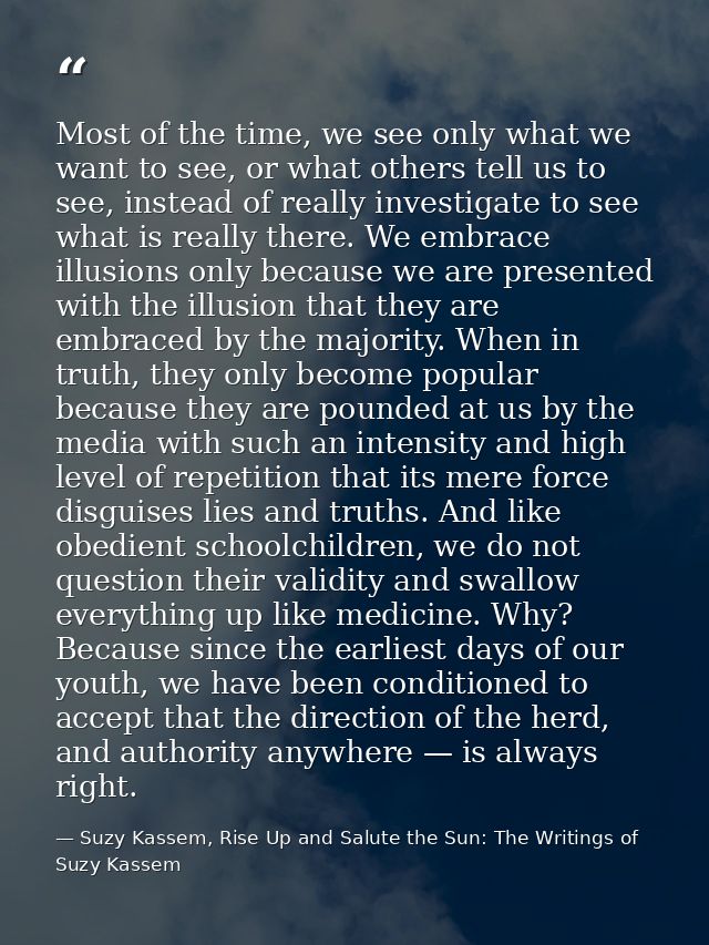 Most of the time, we see only what we want to see, or what others tell us to see, instead of really investigate to see w — Suzy Kassem, Rise Up and Salute the Sun: The Writings of Suzy Kassem