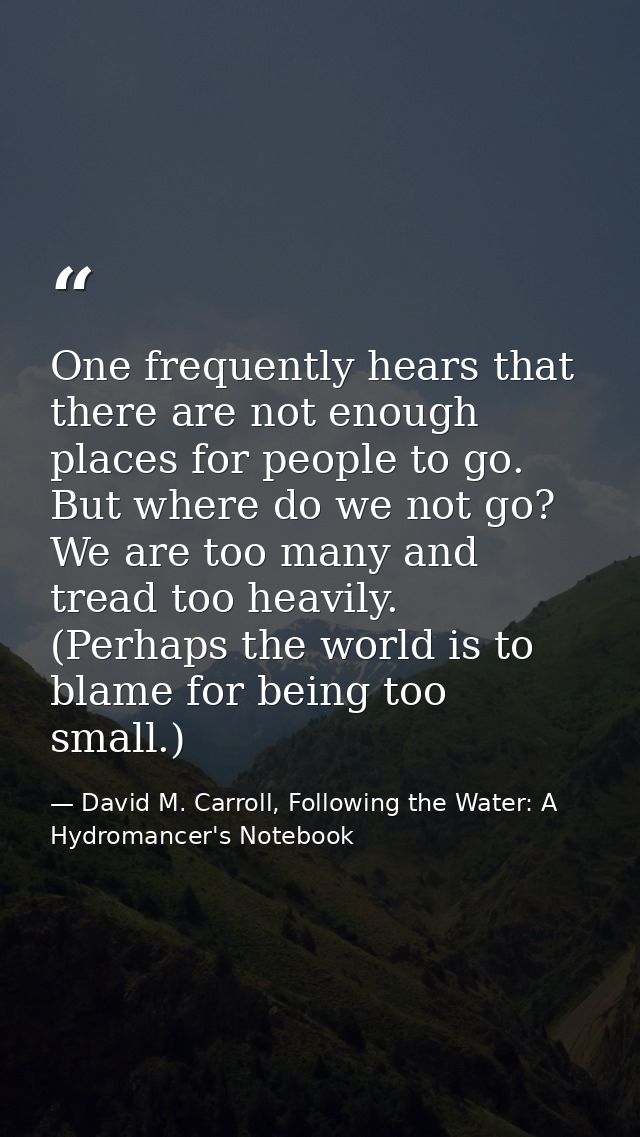 One frequently hears that there are not enough places for people to go. But where do we not go? We are too many and trea — David M. Carroll, Following the Water: A Hydromancer's Notebook