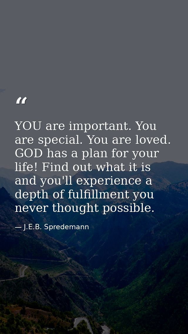 YOU are important. You are special. You are loved. GOD has a plan for your life! Find out what it is and you'll experien — J.E.B. Spredemann