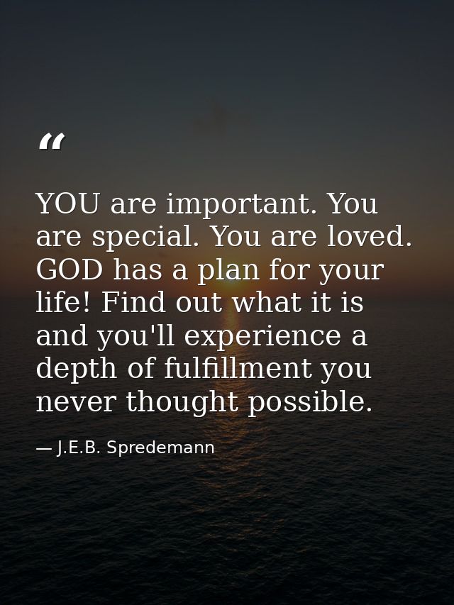 YOU are important. You are special. You are loved. GOD has a plan for your life! Find out what it is and you'll experien — J.E.B. Spredemann