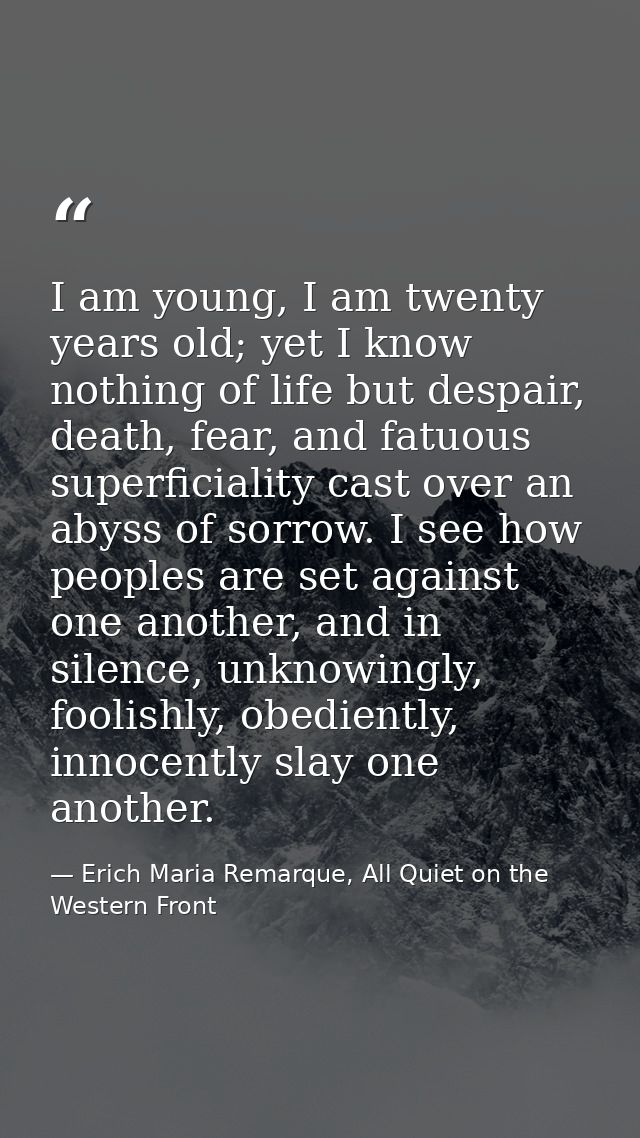 I am young, I am twenty years old; yet I know nothing of life but despair, death, fear, and fatuous superficiality cast  — Erich Maria Remarque, All Quiet on the Western Front