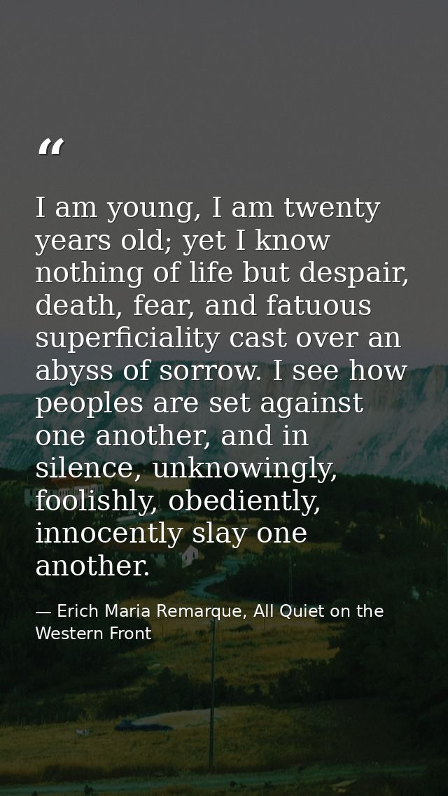 I am young, I am twenty years old; yet I know nothing of life but despair, death, fear, and fatuous superficiality cast  — Erich Maria Remarque, All Quiet on the Western Front