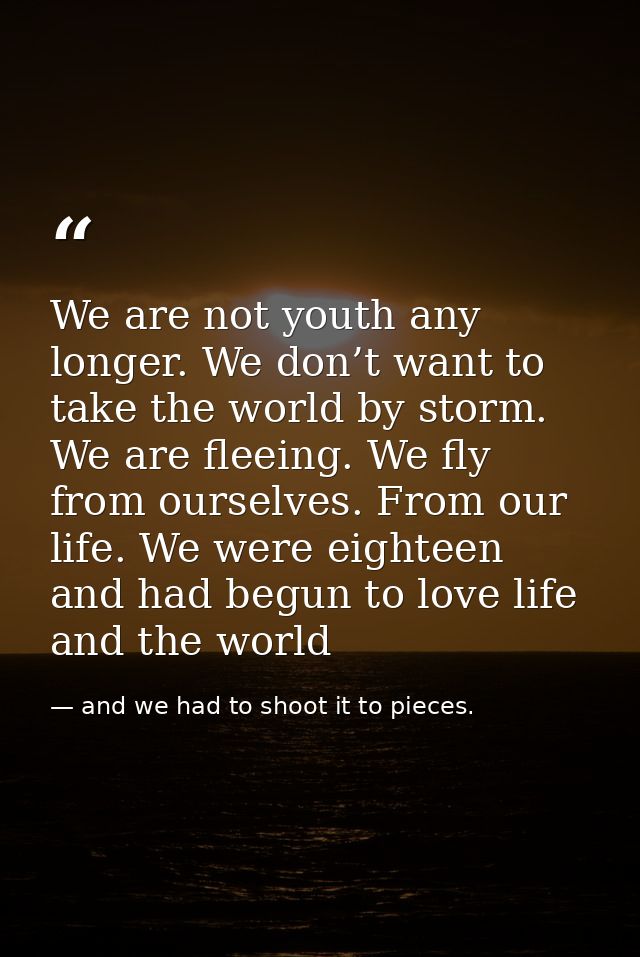 We are not youth any longer. We don’t want to take the world by storm. We are fleeing. We fly from ourselves. From our l — and we had to shoot it to pieces.