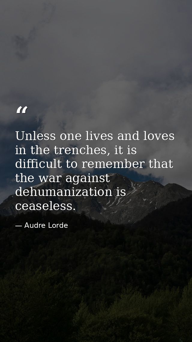 Unless one lives and loves in the trenches, it is difficult to remember that the war against dehumanization is ceaseless — Audre Lorde