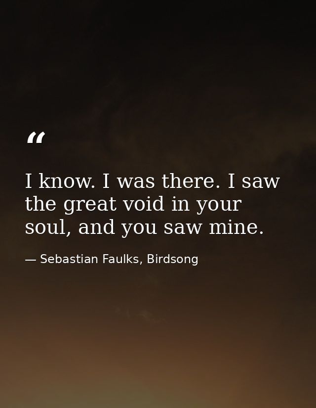 I know. I was there. I saw the great void in your soul, and you saw mine. — Sebastian Faulks, Birdsong