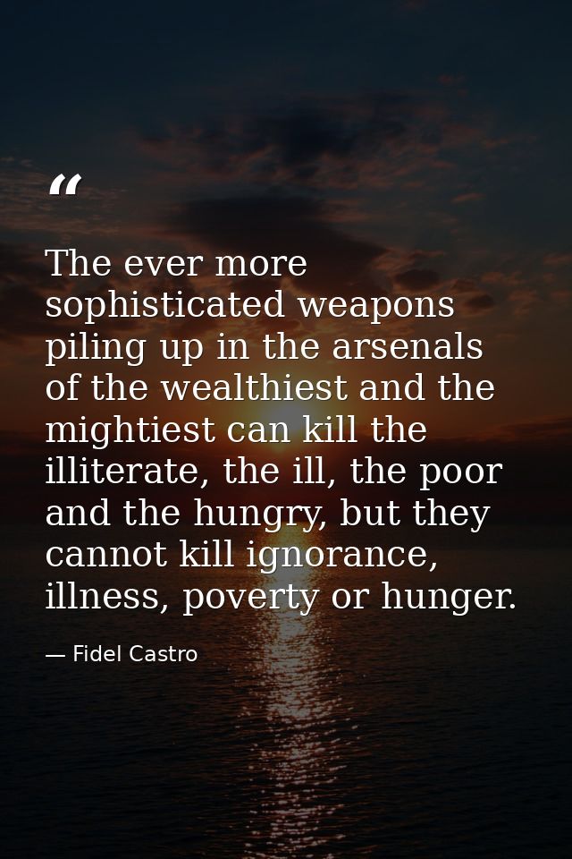 The ever more sophisticated weapons piling up in the arsenals of the wealthiest and the mightiest can kill the illiterat — Fidel Castro