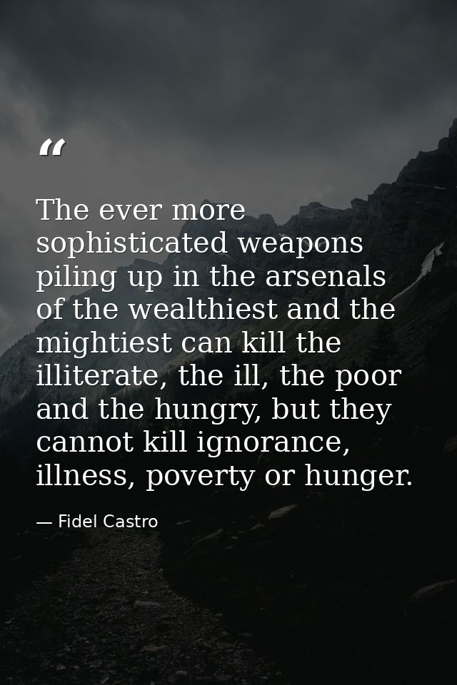 The ever more sophisticated weapons piling up in the arsenals of the wealthiest and the mightiest can kill the illiterat — Fidel Castro