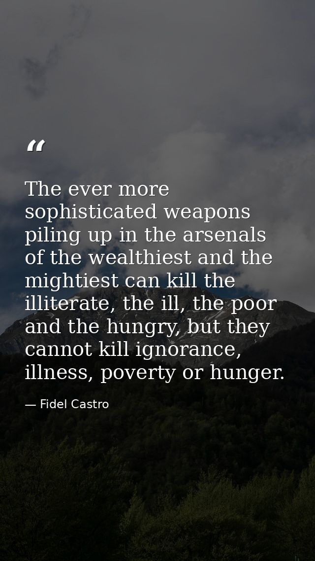 The ever more sophisticated weapons piling up in the arsenals of the wealthiest and the mightiest can kill the illiterat — Fidel Castro