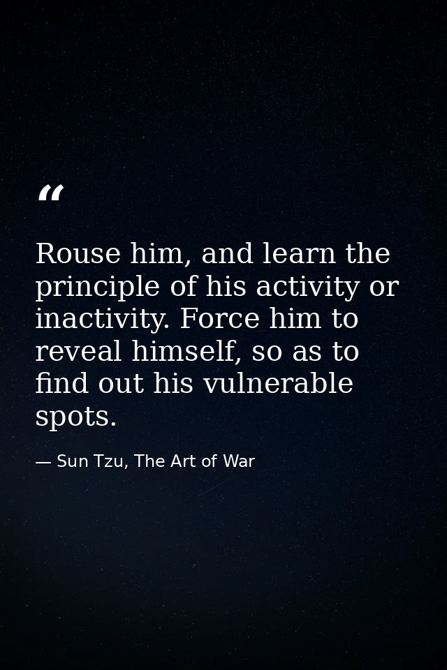Rouse him, and learn the principle of his activity or inactivity. Force him to reveal himself, so as to find out his vul — Sun Tzu, The Art of War