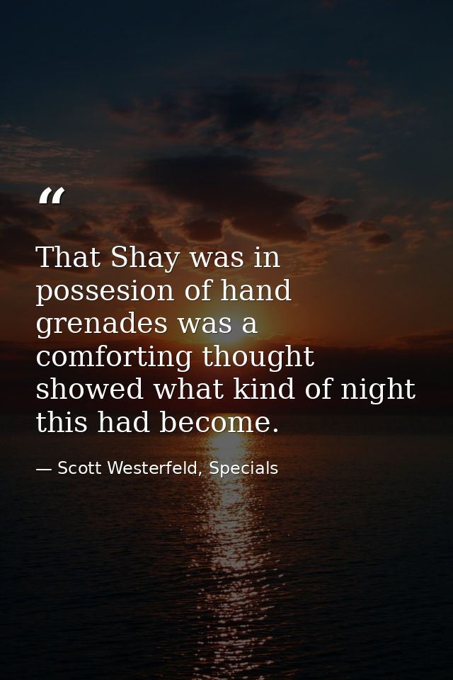 That Shay was in possesion of hand grenades was a comforting thought showed what kind of night this had become. — Scott Westerfeld, Specials