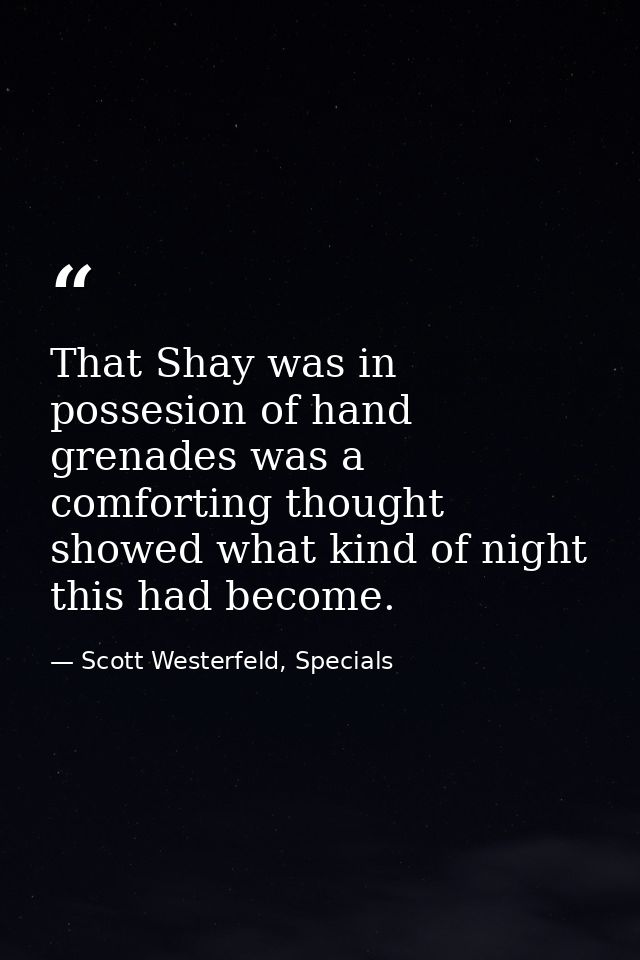 That Shay was in possesion of hand grenades was a comforting thought showed what kind of night this had become. — Scott Westerfeld, Specials