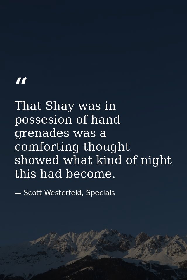 That Shay was in possesion of hand grenades was a comforting thought showed what kind of night this had become. — Scott Westerfeld, Specials