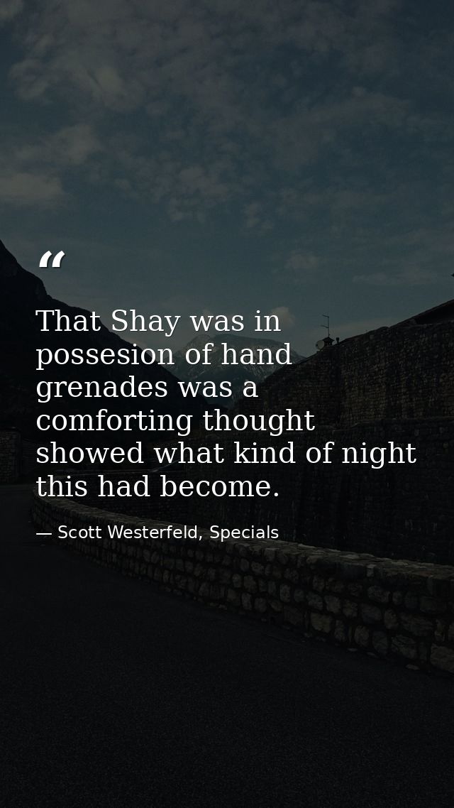 That Shay was in possesion of hand grenades was a comforting thought showed what kind of night this had become. — Scott Westerfeld, Specials