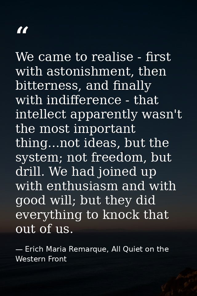 We came to realise - first with astonishment, then bitterness, and finally with indifference - that intellect apparently — Erich Maria Remarque, All Quiet on the Western Front
