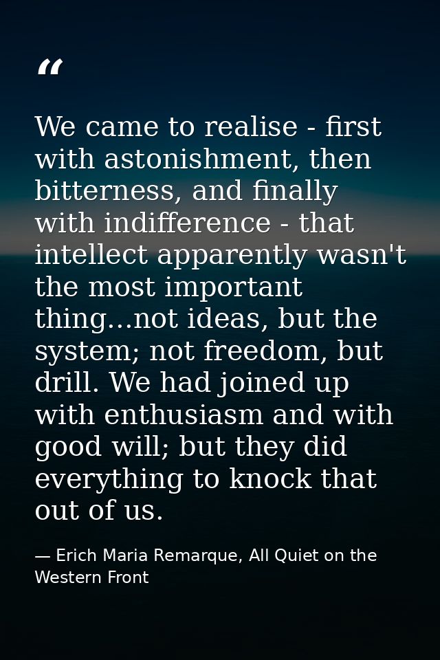 We came to realise - first with astonishment, then bitterness, and finally with indifference - that intellect apparently — Erich Maria Remarque, All Quiet on the Western Front