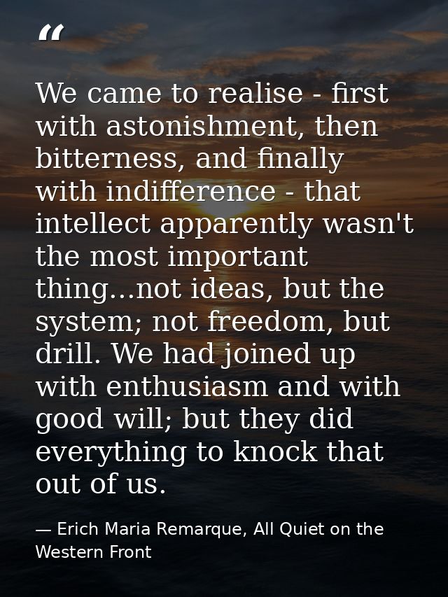 We came to realise - first with astonishment, then bitterness, and finally with indifference - that intellect apparently — Erich Maria Remarque, All Quiet on the Western Front