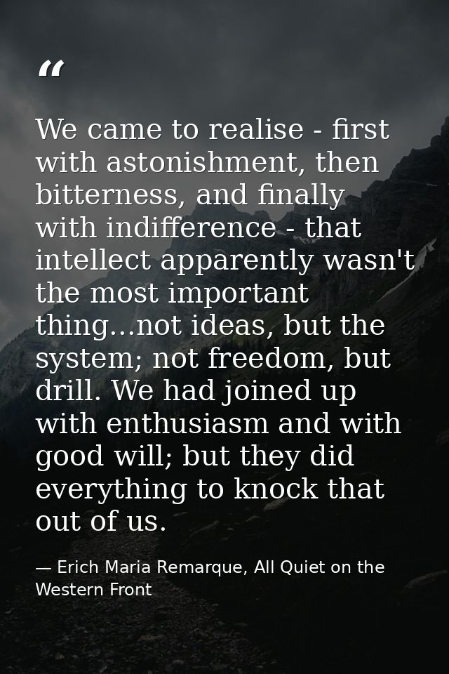 We came to realise - first with astonishment, then bitterness, and finally with indifference - that intellect apparently — Erich Maria Remarque, All Quiet on the Western Front