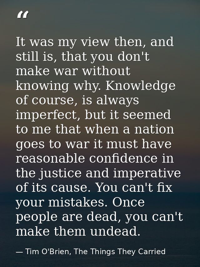 It was my view then, and still is, that you don't make war without knowing why. Knowledge of course, is always imperfect — Tim O'Brien, The Things They Carried