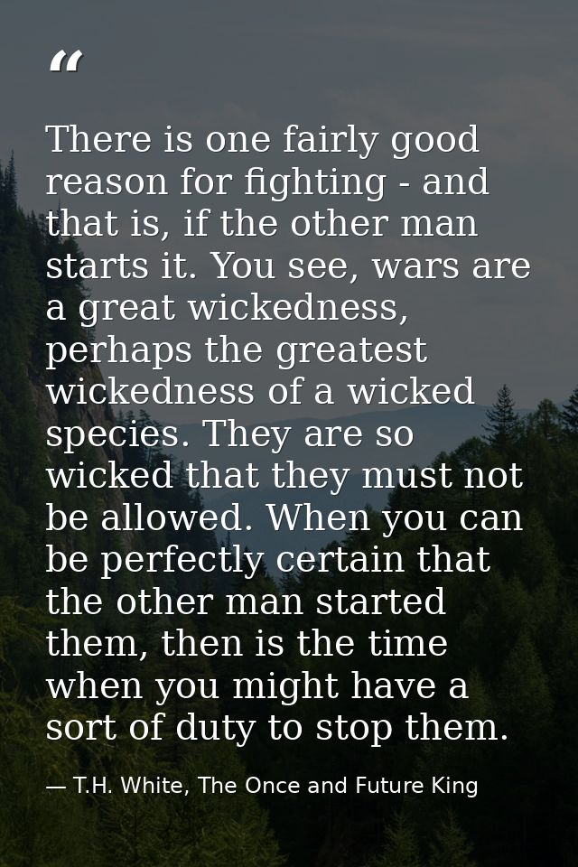 There is one fairly good reason for fighting - and that is, if the other man starts it. You see, wars are a great wicked — T.H. White, The Once and Future King