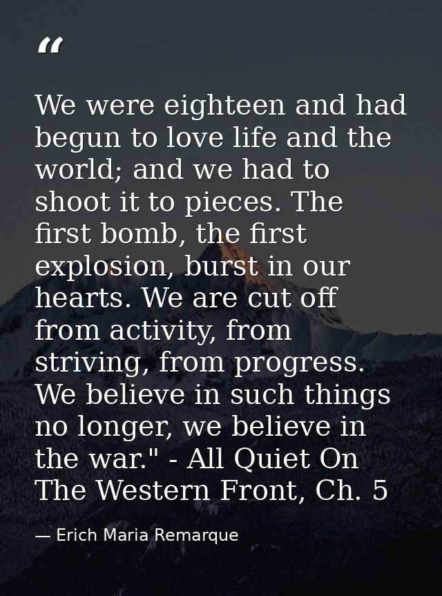 We were eighteen and had begun to love life and the world; and we had to shoot it to pieces. The first bomb, the first e — Erich Maria Remarque