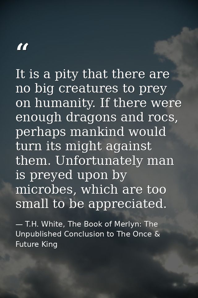 It is a pity that there are no big creatures to prey on humanity. If there were enough dragons and rocs, perhaps mankind — T.H. White, The Book of Merlyn: The Unpublished Conclusion to The Once & Future King