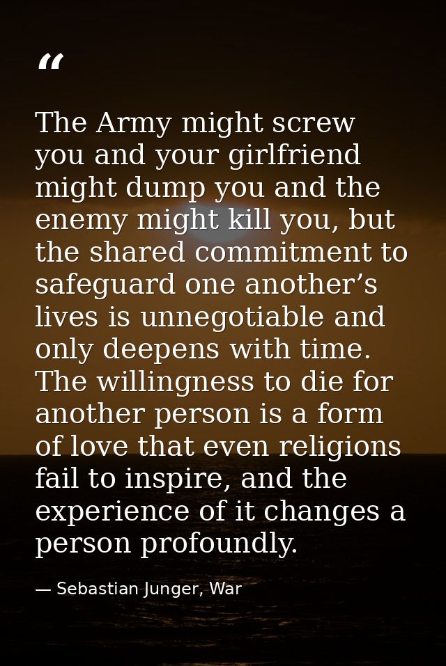 The Army might screw you and your girlfriend might dump you and the enemy might kill you, but the shared commitment to s — Sebastian Junger, War