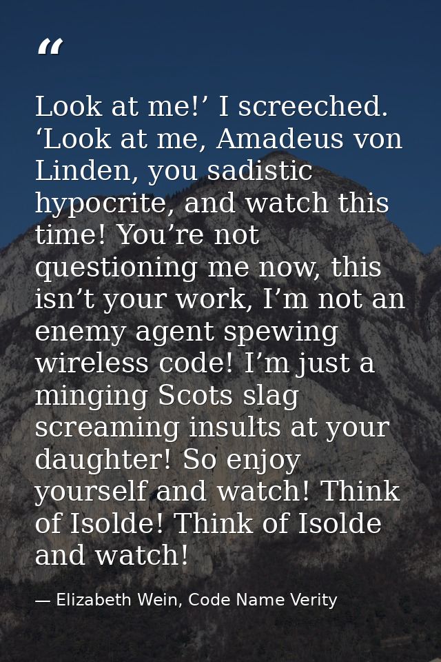 Look at me!’ I screeched. ‘Look at me, Amadeus von Linden, you sadistic hypocrite, and watch this time! You’re not quest — Elizabeth Wein, Code Name Verity