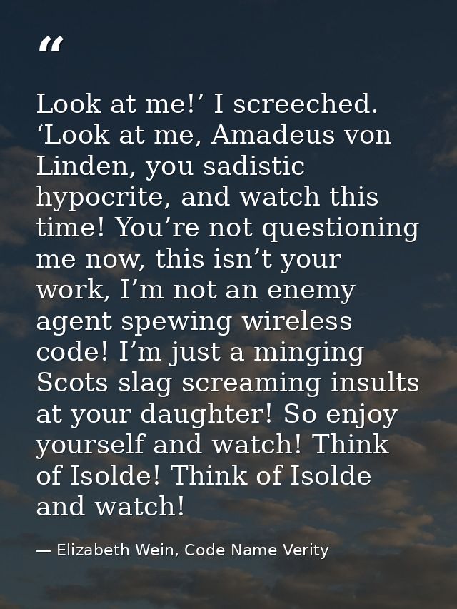 Look at me!’ I screeched. ‘Look at me, Amadeus von Linden, you sadistic hypocrite, and watch this time! You’re not quest — Elizabeth Wein, Code Name Verity