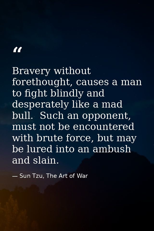 Bravery without forethought, causes a man to fight blindly and desperately like a mad bull.  Such an opponent, must not  — Sun Tzu, The Art of War