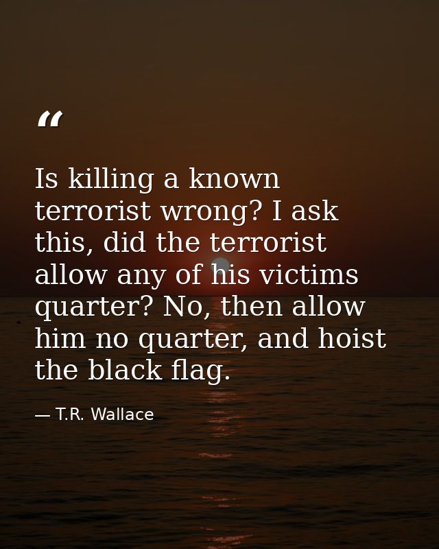 Is killing a known terrorist wrong? I ask this, did the terrorist allow any of his victims quarter? No, then allow him n — T.R. Wallace