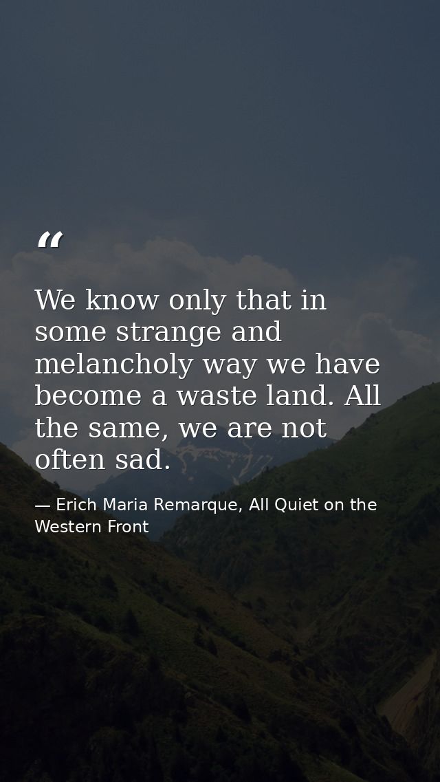 We know only that in some strange and melancholy way we have become a waste land. All the same, we are not often sad. — Erich Maria Remarque, All Quiet on the Western Front