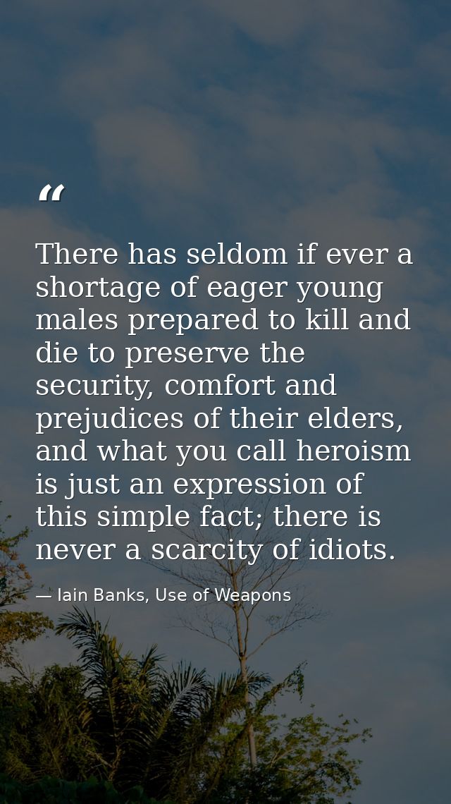 There has seldom if ever a shortage of eager young males prepared to kill and die to preserve the security, comfort and  — Iain Banks, Use of Weapons