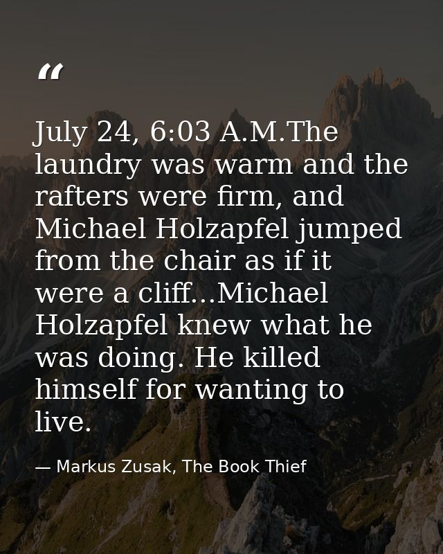 July 24, 6:03 A.M.The laundry was warm and the rafters were firm, and Michael Holzapfel jumped from the chair as if it w — Markus Zusak, The Book Thief