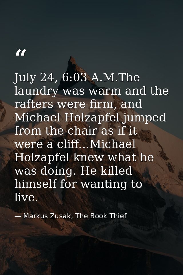 July 24, 6:03 A.M.The laundry was warm and the rafters were firm, and Michael Holzapfel jumped from the chair as if it w — Markus Zusak, The Book Thief