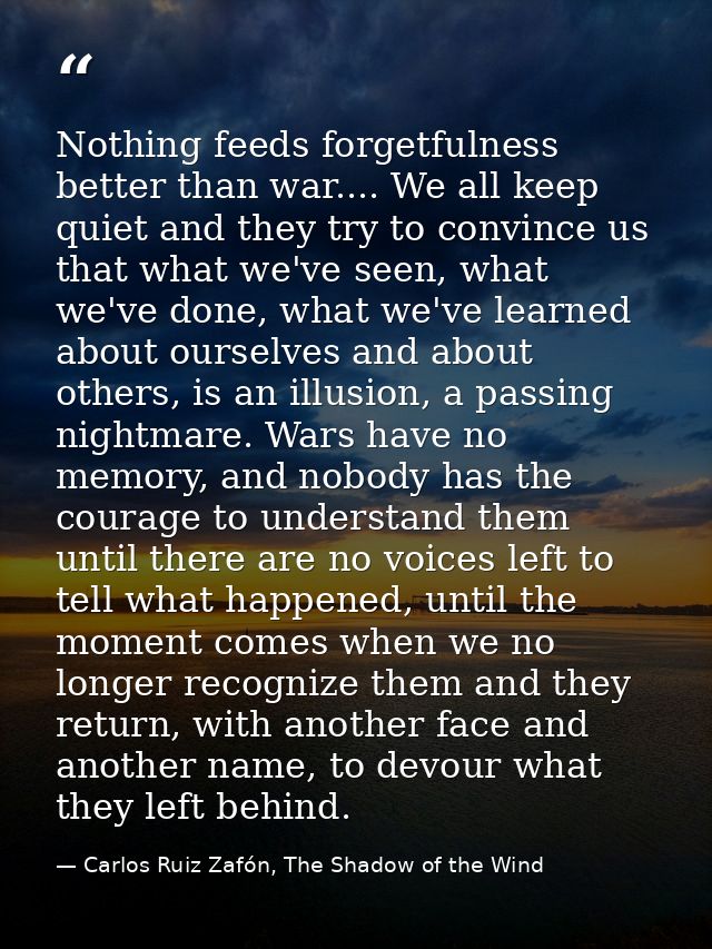Nothing feeds forgetfulness better than war.... We all keep quiet and they try to convince us that what we've seen, what — Carlos Ruiz Zafón, The Shadow of the Wind