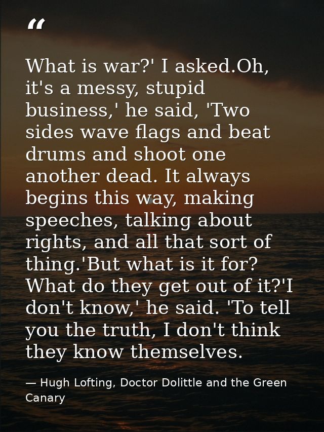 What is war?' I asked.Oh, it's a messy, stupid business,' he said, 'Two sides wave flags and beat drums and shoot one an — Hugh Lofting, Doctor Dolittle and the Green Canary