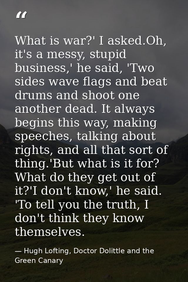What is war?' I asked.Oh, it's a messy, stupid business,' he said, 'Two sides wave flags and beat drums and shoot one an — Hugh Lofting, Doctor Dolittle and the Green Canary