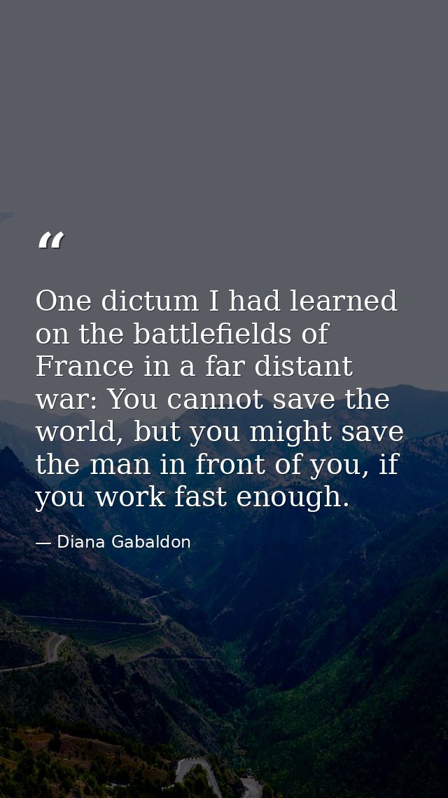 One dictum I had learned on the battlefields of France in a far distant war: You cannot save the world, but you might sa — Diana Gabaldon