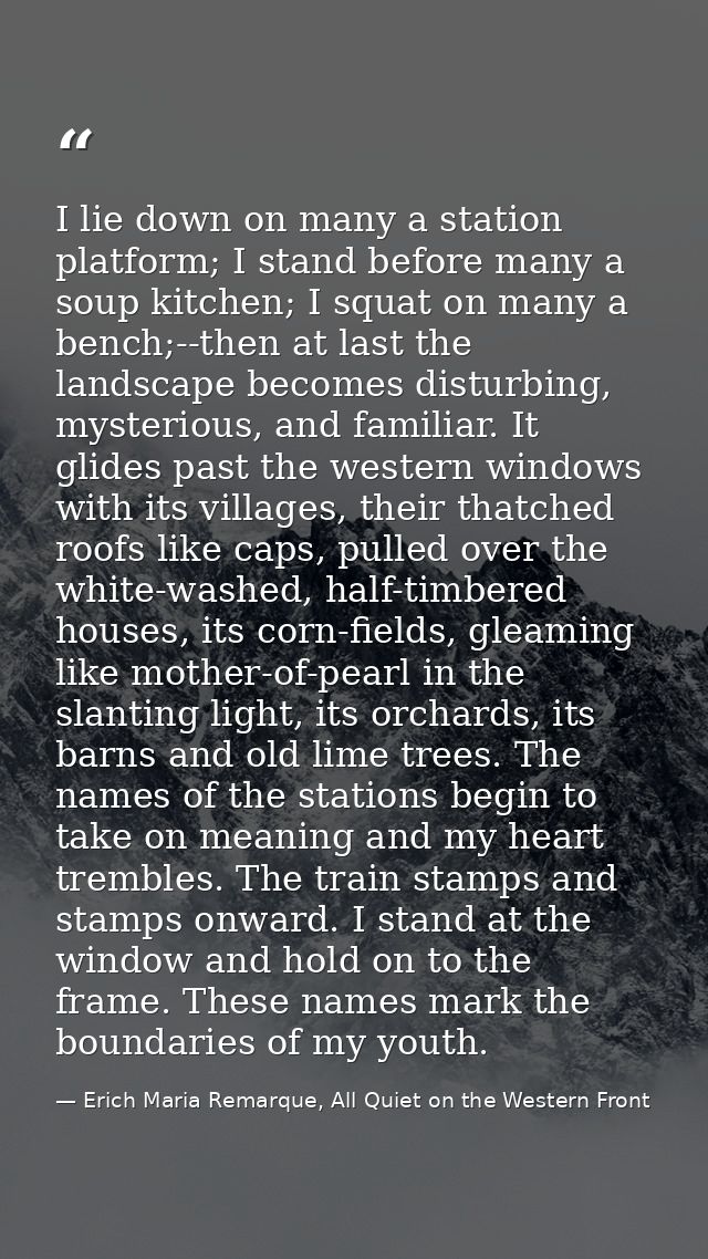 I lie down on many a station platform; I stand before many a soup kitchen; I squat on many a bench;--then at last the la — Erich Maria Remarque, All Quiet on the Western Front
