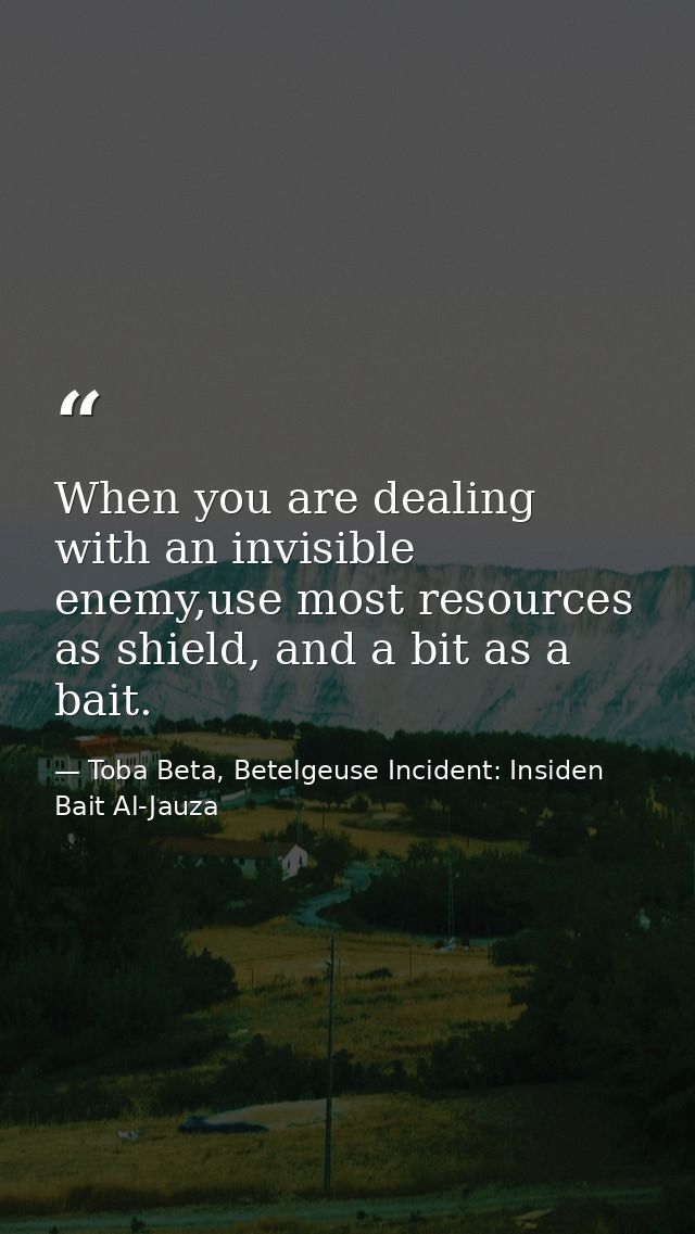 When you are dealing with an invisible enemy,use most resources as shield, and a bit as a bait. — Toba Beta, Betelgeuse Incident: Insiden Bait Al-Jauza