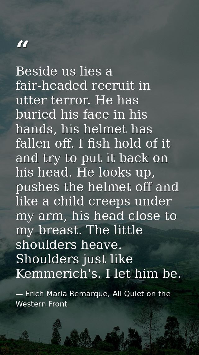 Beside us lies a fair-headed recruit in utter terror. He has buried his face in his hands, his helmet has fallen off. I  — Erich Maria Remarque, All Quiet on the Western Front