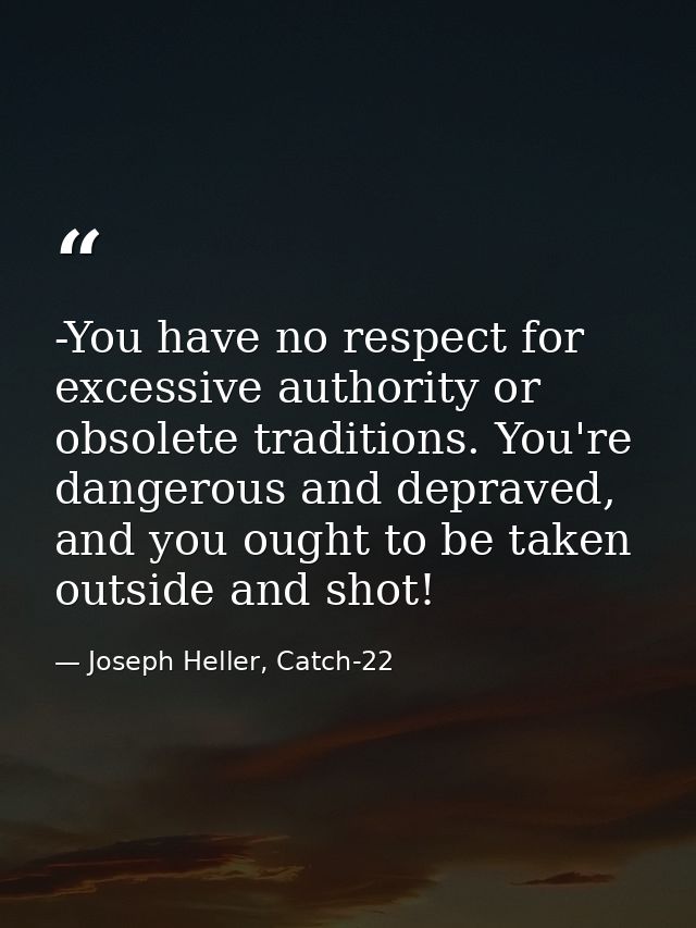 -You have no respect for excessive authority or obsolete traditions. You're dangerous and depraved, and you ought to be  — Joseph Heller, Catch-22