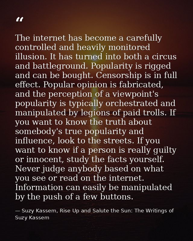 The internet has become a carefully controlled and heavily monitored illusion. It has turned into both a circus and batt — Suzy Kassem, Rise Up and Salute the Sun: The Writings of Suzy Kassem