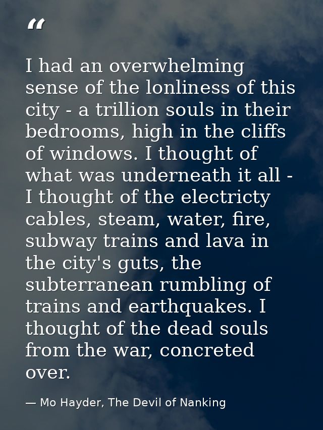 I had an overwhelming sense of the lonliness of this city - a trillion souls in their bedrooms, high in the cliffs of wi — Mo Hayder, The Devil of Nanking