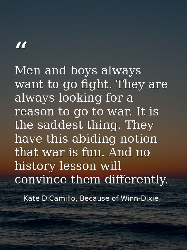 Men and boys always want to go fight. They are always looking for a reason to go to war. It is the saddest thing. They h — Kate DiCamillo, Because of Winn-Dixie
